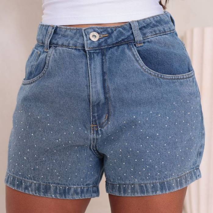 Shorts Jeans Feminino com Strass Shorts Jeans com Brilho Moda Gringa Shorts Jeans Blogueira Brilho em Oferta na Shopee