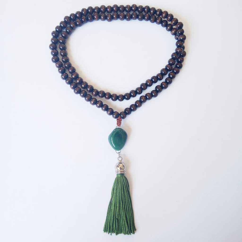 Imagem Japamala 108 Contas Madeira com Meru Pedras Naturais Quartzo Verde Rosário Budista Meditação Ref:817