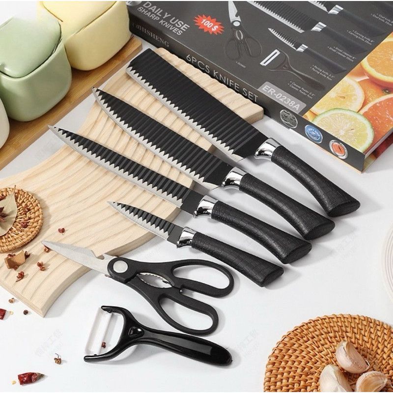 Kit de Conjunto Facas Coloridas/Pretos Tesoura Descascador Cozinha Gourmet 6 Peças