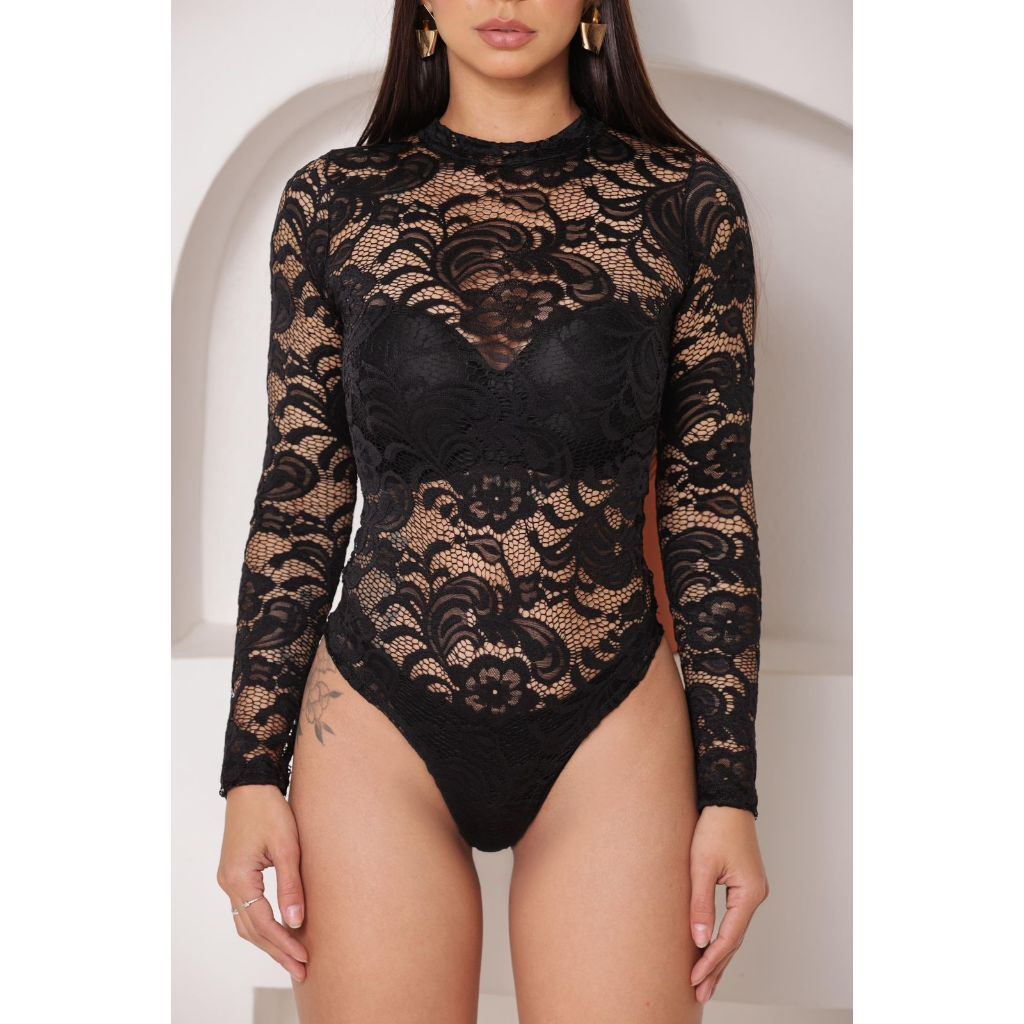 Body Feminino Renda Manga Longa Gola Alta Sexy Elegante Transparente Inverno Festa em Oferta na Shopee