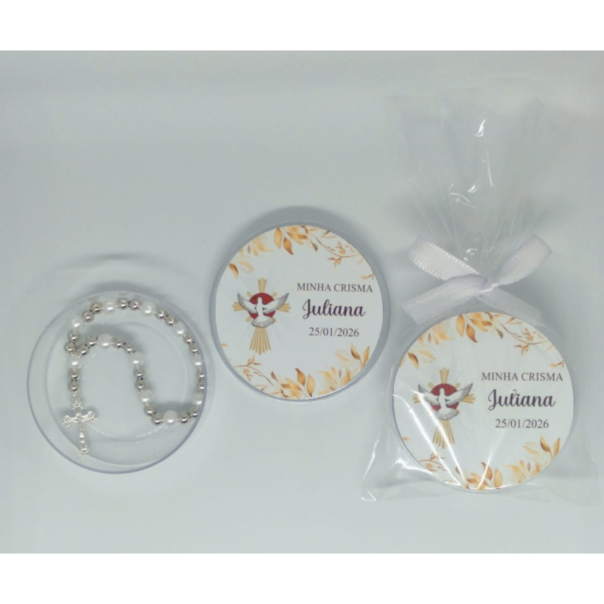 Lembrancinha Latinha com Mini Terço Crisma Kit com 10 unidades