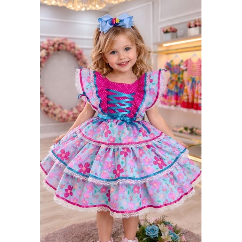 Vestido Infantil Junino Pink e Azul Florido Luxo – Festa Caipira Arraiá Rodado com Renda e Laço – Roupa Típica São João