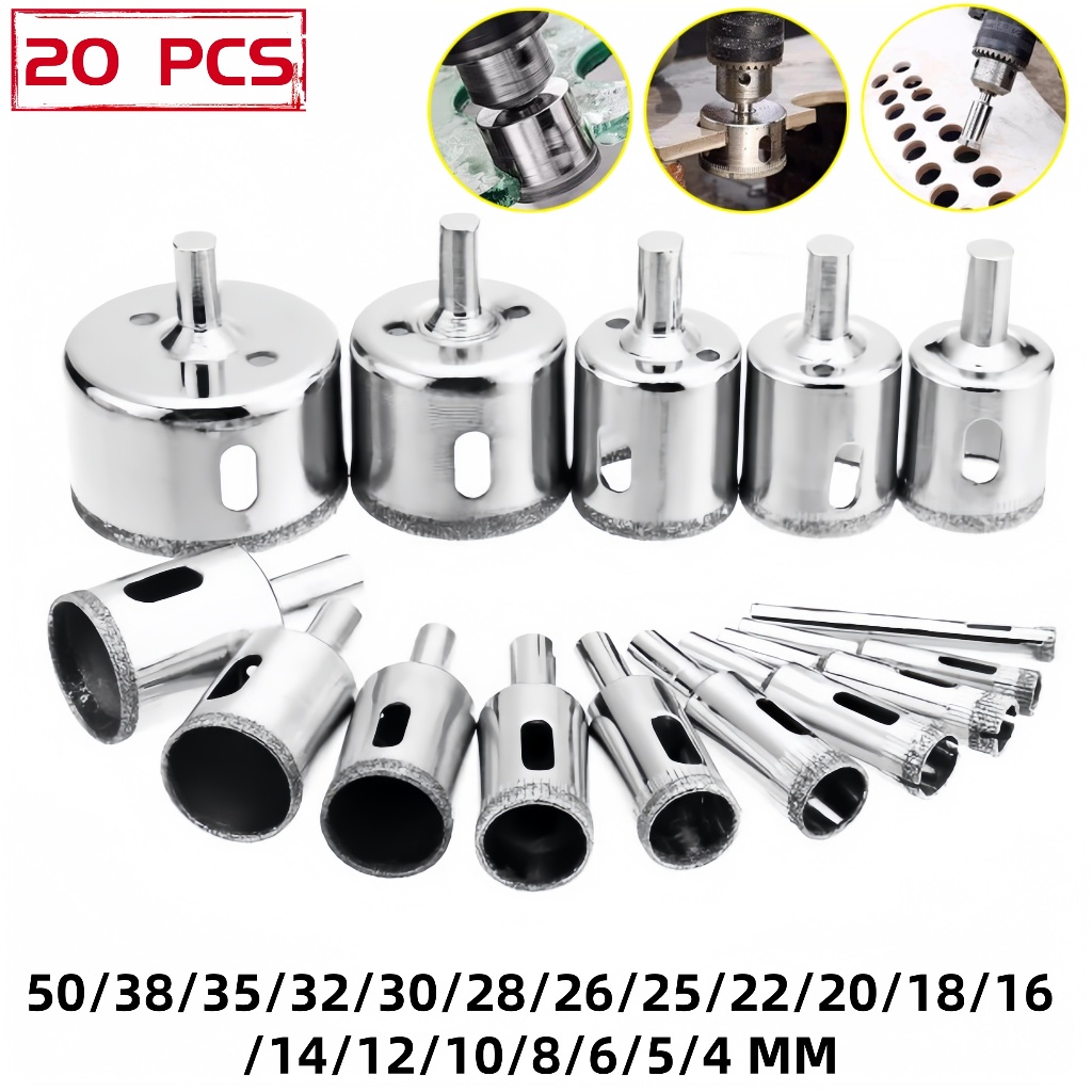Jogo 15/20 Brocas Diamantadas Serra Copo furar Vidro Granito Ceramica 3 a 50 mm kit ferramentas