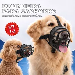 1-4 Focinheira Ajustável de Silicone Macia Respirável para Cães de Porte Médio e Grande Cor Preta