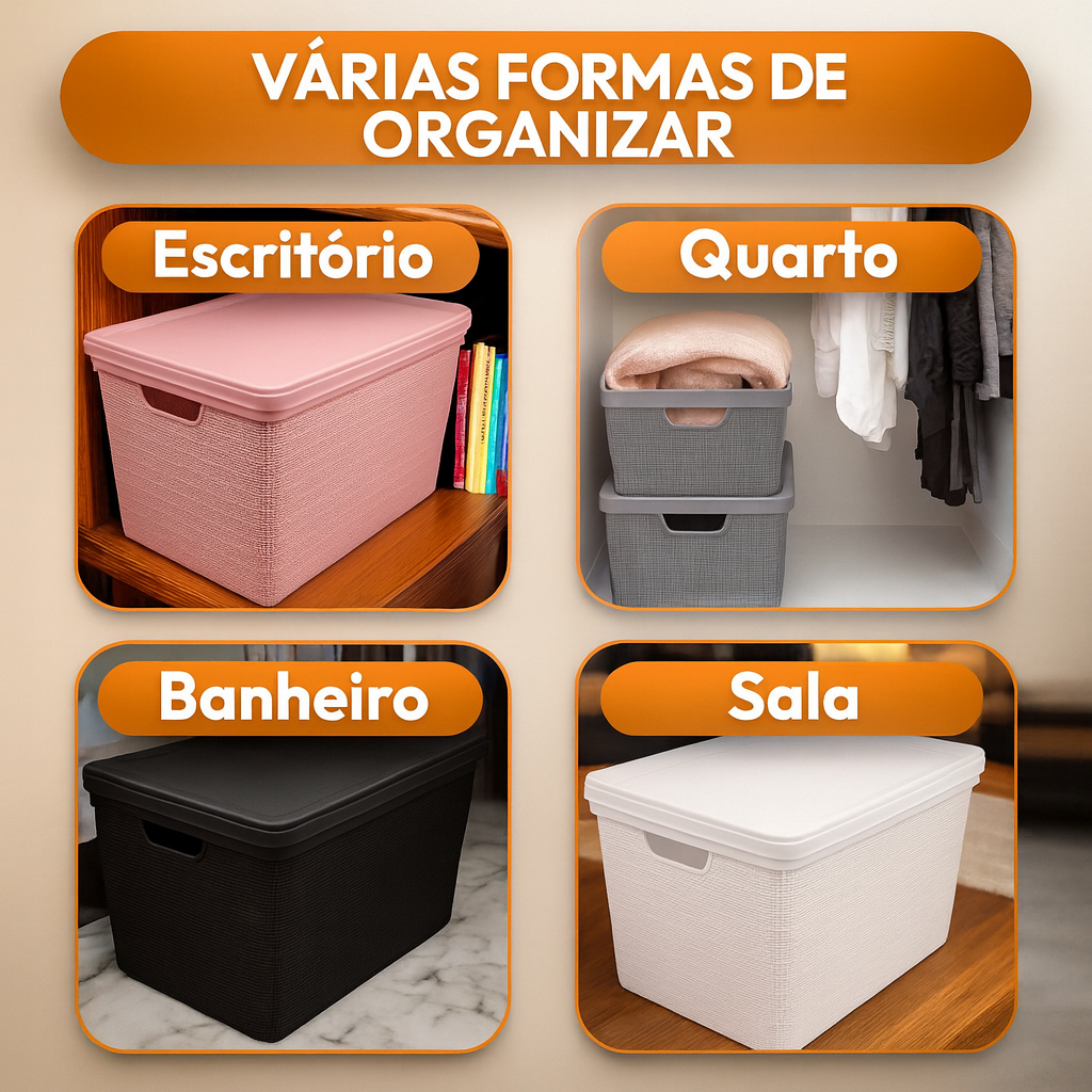 Detalhes do Kit 2 Caixas Organizadoras com Tampa 22 Litros Cesto em Plástico Resistente Cinza