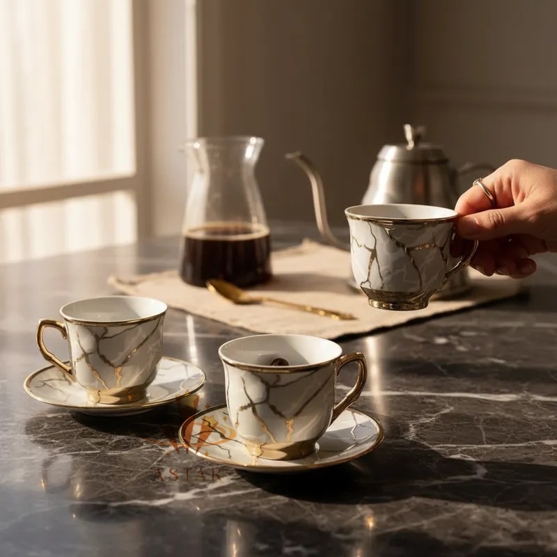 Jogo de Xícaras Com Pires Café/Chá 85ml Desenho Luxo Mármore 12 Unidades Cores Variadas