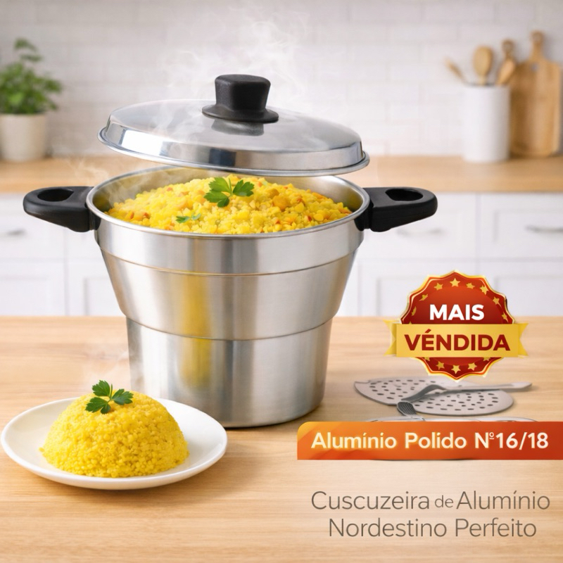 Cuscuzeira de Alumínio Polido n° 16 cm /18cm Leve e Resistente – Cuscuz Nordestino Perfeito