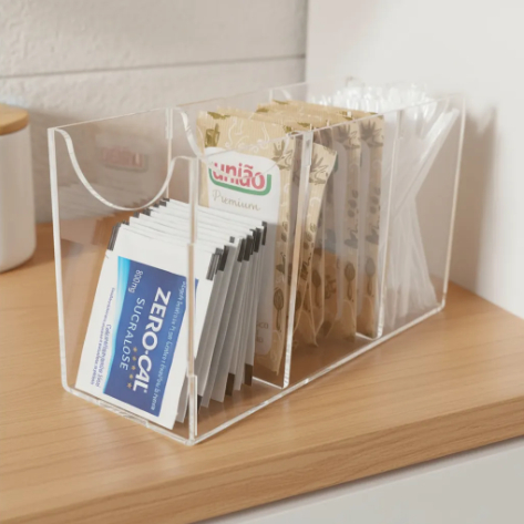 Porta Açúcar com 3 Divisórias em Acrílico Transparente Adoçante Mexedor Cantinho Café Decoração em Oferta na Shopee