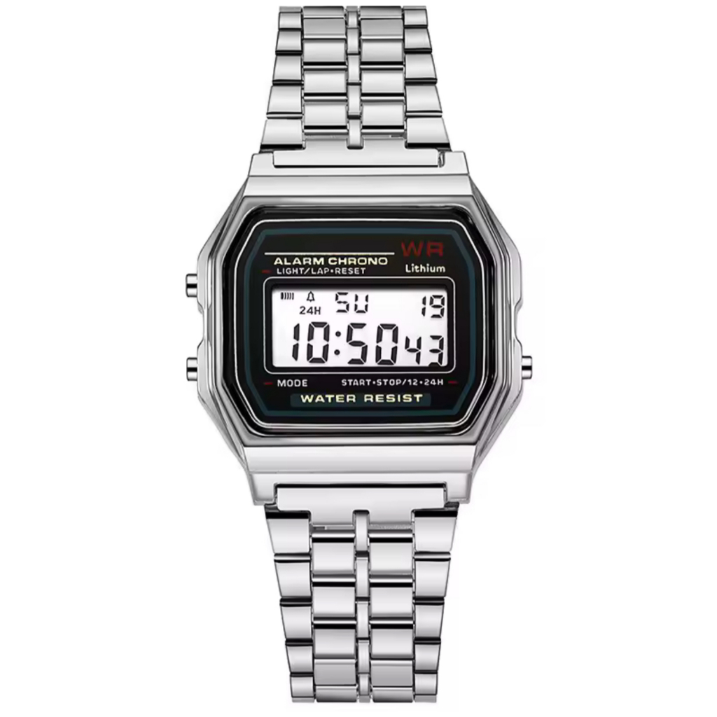 Relógio Digital LED Unissex Prata Masculino Feminino Estilo Retrô Vintage Luxo Pulseira Inox