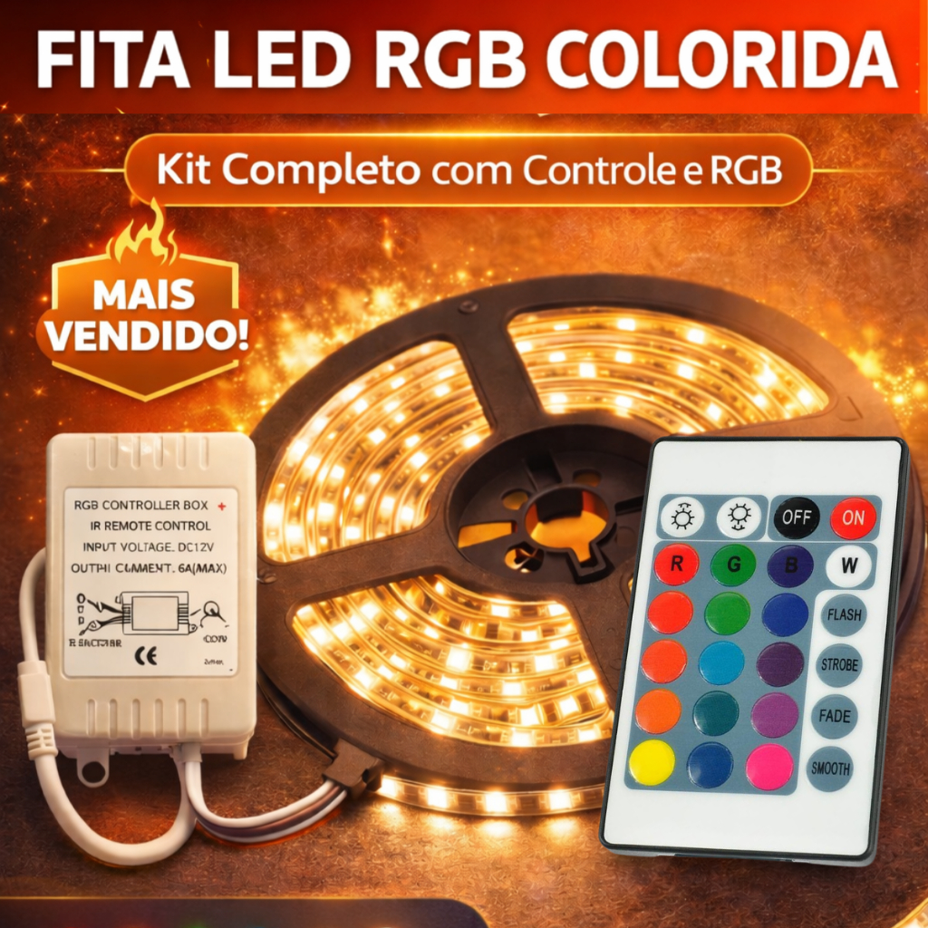 Fita LED RGB 5m com Controle – Colorida e Branco Quente e Frio 16 Cores 12V Kit Sem Fonte Decoração Home Store