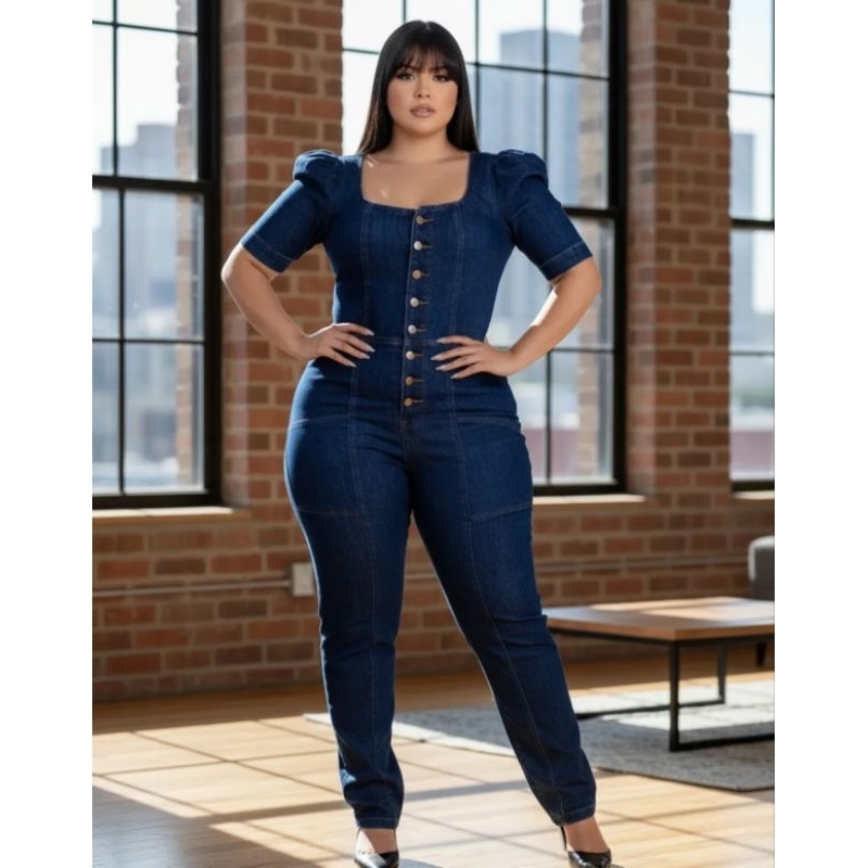 Macacão Macaquinho Manga Princesa jeans Feminino Plus size Glamor