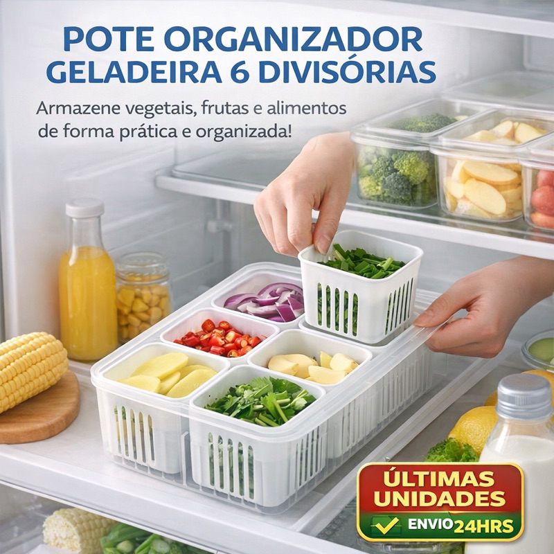 Organizador de Geladeira com Tampa e Divisórias Porta Legumes Verduras Frutas Pote Organizador Cozinha