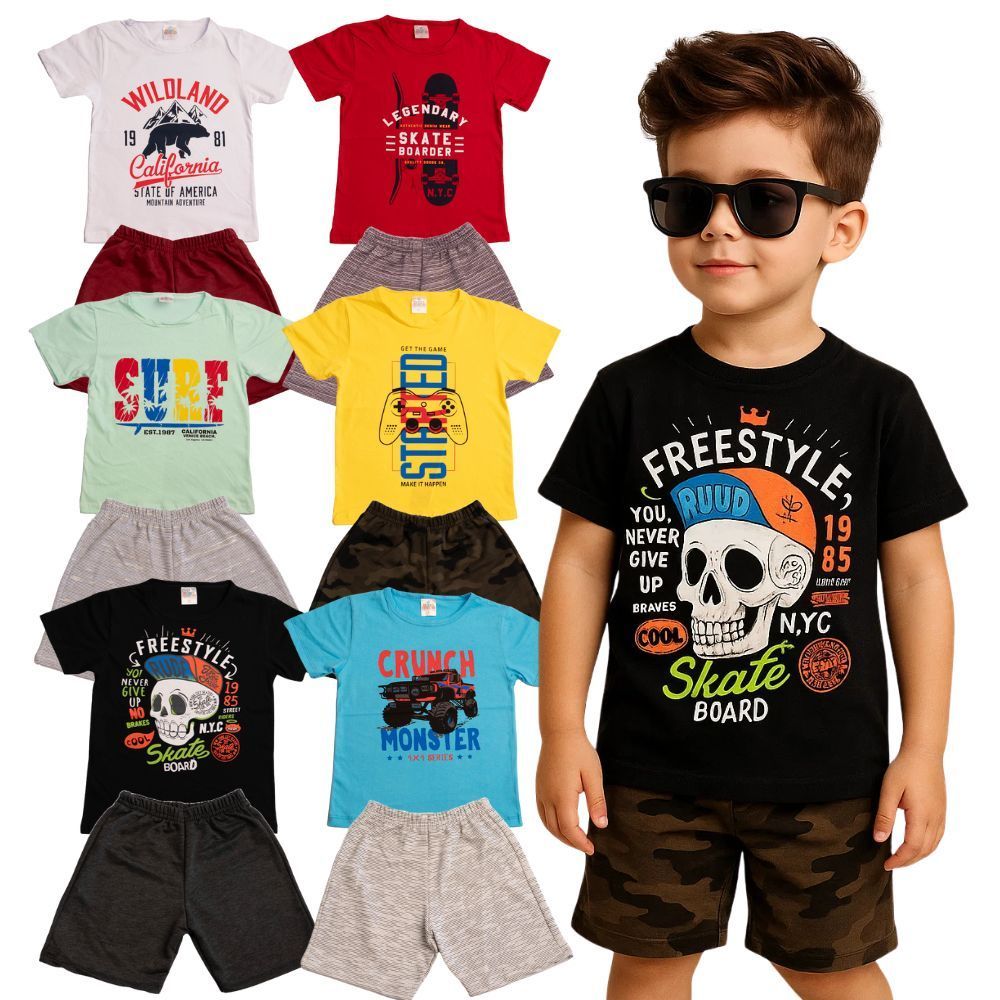 Kit Conjunto Infantil Masculino | Camiseta + Bermuda - 2 ao 12 | Roupa Infantil Para Menino Confortável