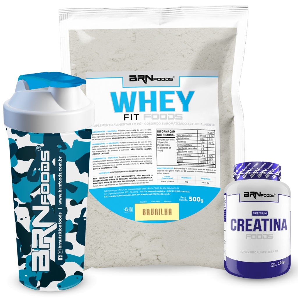 KIT Whey Fit Foods 500g BAU + PREMIUM Creatina 100g + Coqueteleira - BRN Foods em Oferta na Shopee