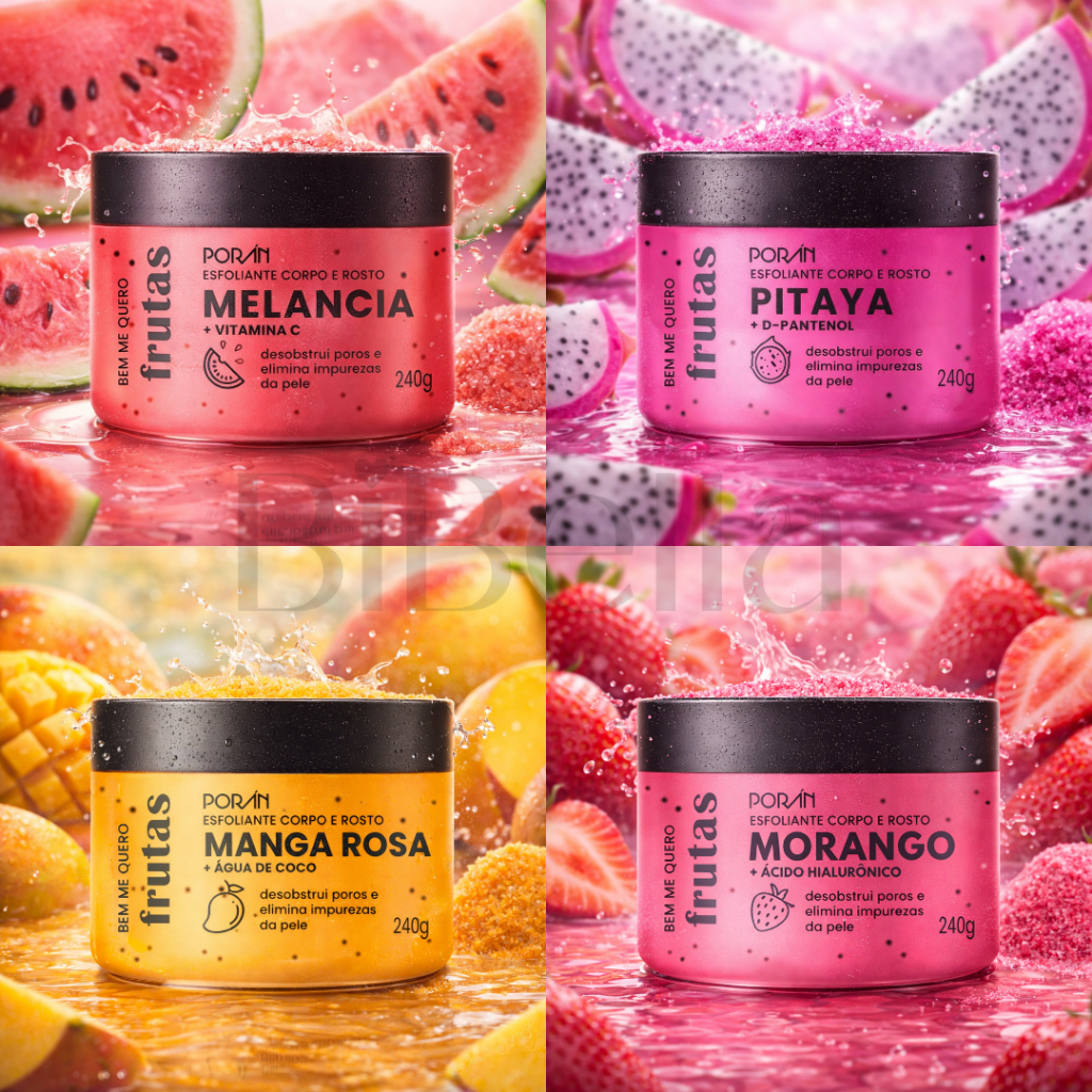 Kit com 4 Esfoliantes Cheiro de Fruta Porán - Melancia - Pitaya - Manga Rosa - Morango - Corporal e Facial