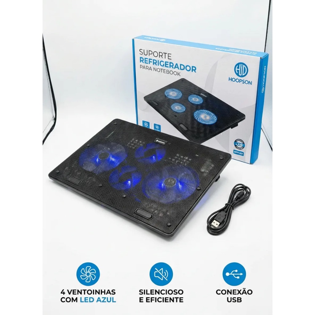 Base Cooler Suporte Para Notebook 4 Fans Com Led Azul Gamer Preto Azul