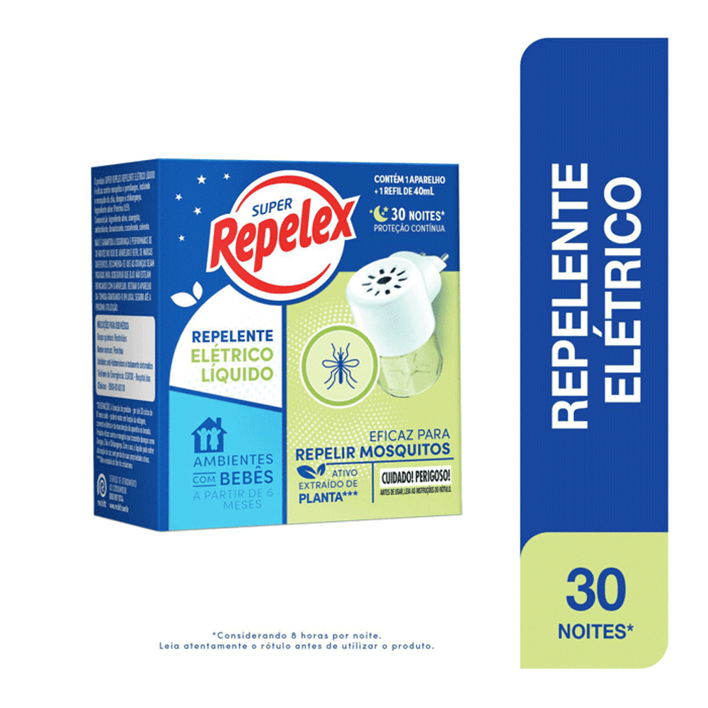 Repelex Aparelho Elétrico + Refil Repelente Líquido 30 Noites 40ml val:08/26