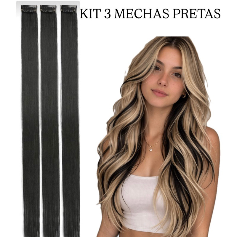 KIT 3 Mechas PRETAS de Tic tac 70cm Fibra De Boa Qualidade