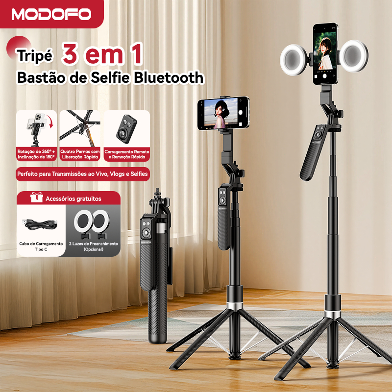 MODOFO Tripé Para Celular Profissional Com Ring Light Tripé Bastão Para Celular Portátil  180cm Com Controle Preto