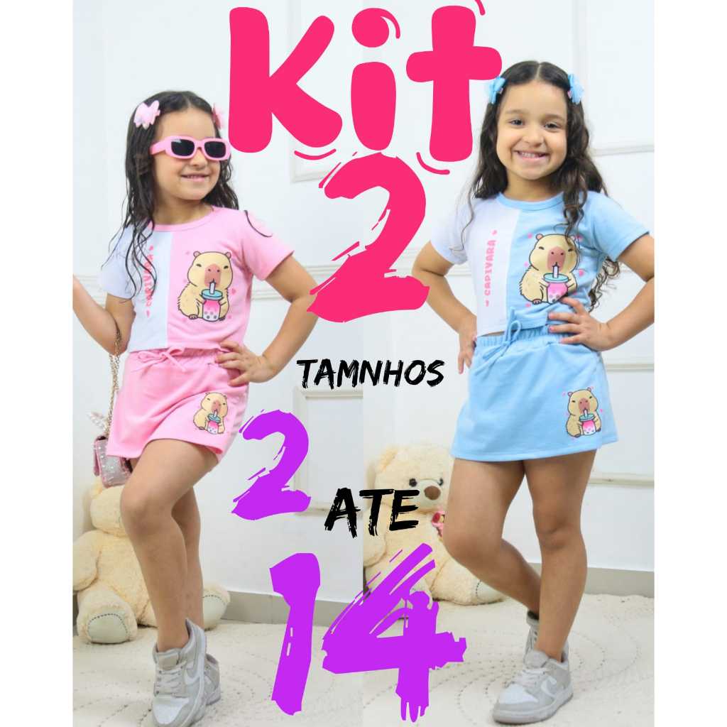 KIT 2 conjunto short saia e cropedd estampa capivara moletinho menina feminino