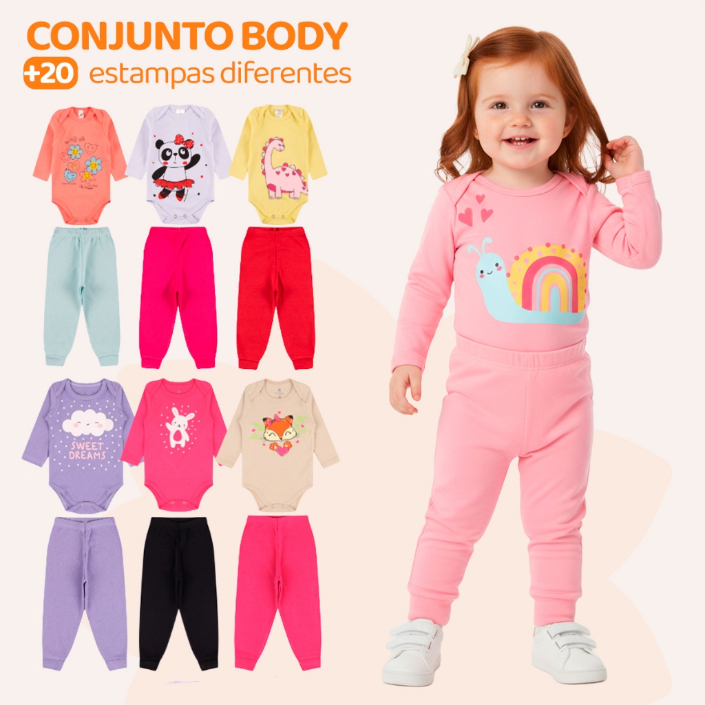 Kit 4 ou 8 Peças de Roupas para Bebê Menina (Body Longo+ Calça Mijão) Conjunto B
