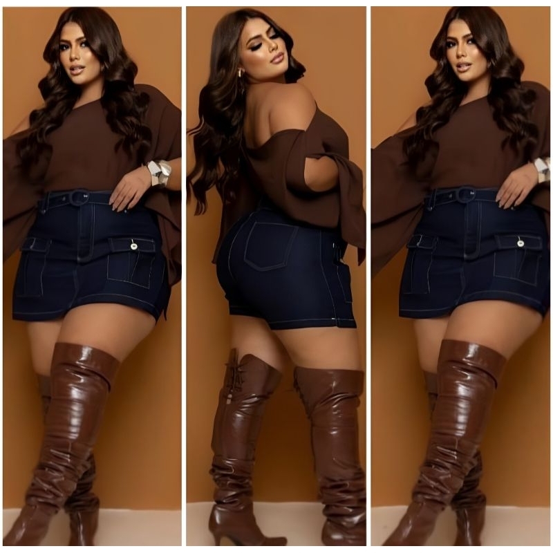 Short Jeans Plus Size Feminino Com cinto Blogueira Short Saia  plus size Cintura  Lançamento 48/50/52/54