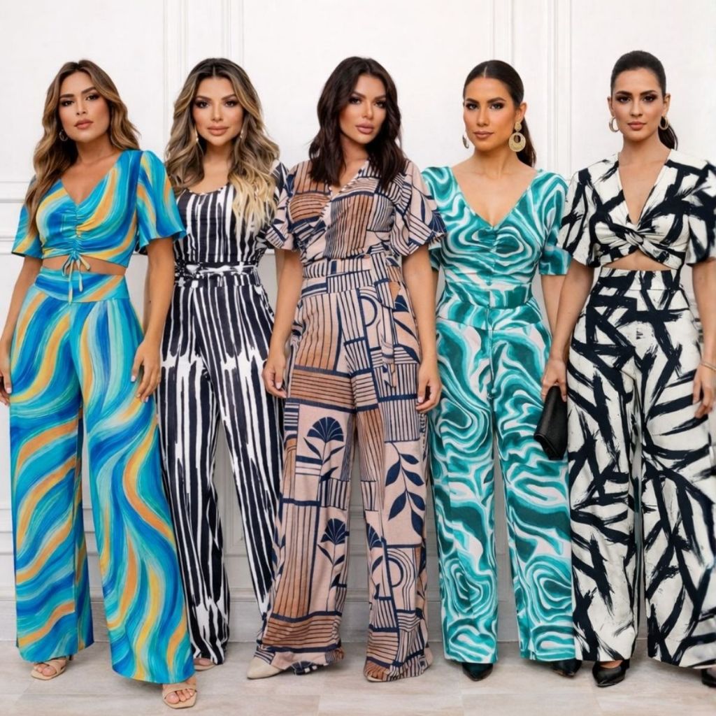 Conjunto Calça Wide Leg e Blusa Cropped Manga Curta Multiformas Cintura Alta Bolso Feminino Elegante