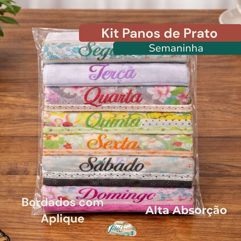 Kit 7 ou 14 Panos de Prato Semaninha Bordados com Aplique Organização e Decoração da Cozinha em Oferta na Shopee