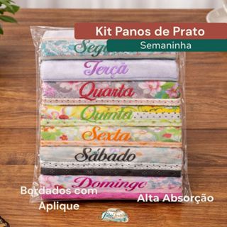Kit 7 ou 14 Panos de Prato Semaninha Bordados com Aplique Organização e Decoração da Cozinha em Oferta na Shopee