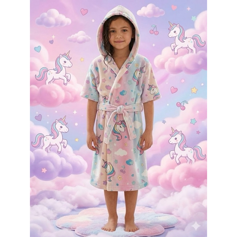 Roupão mantinha OU atoalhado Unicórnio Rosa, Arco Íris e Nuvem- Pós banho, praia e piscina menina - Com cinto e capuz