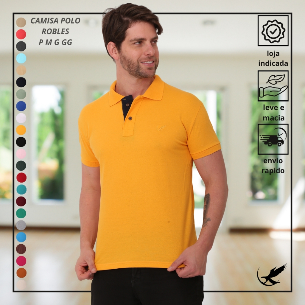 Camisa Masculina Gola Polo Piquet De Ala Qualidade Luxo Elegante Robles em Oferta na Shopee