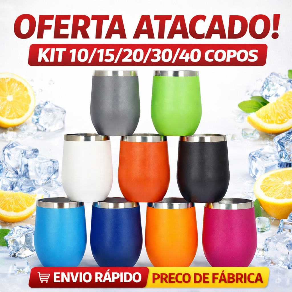 Kit com 10 Copos Térmico 360ML Inox Com Tampa Acrílica Varias Cores