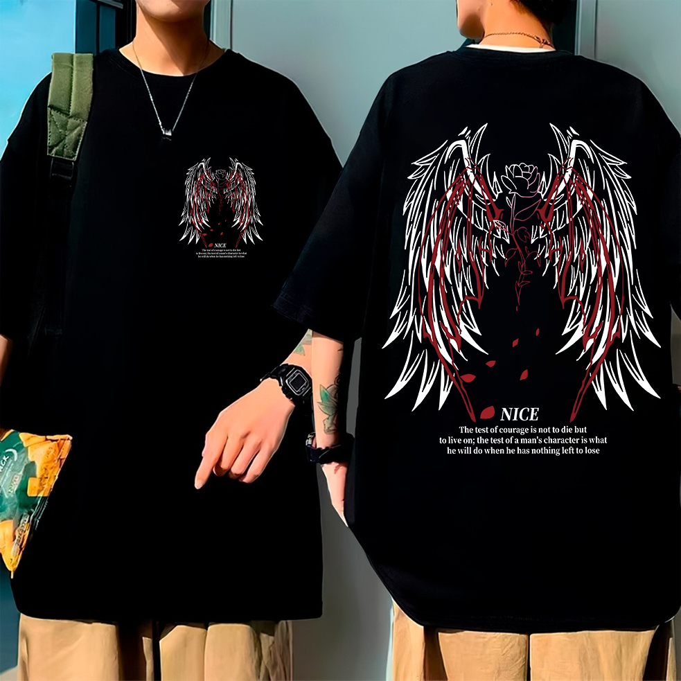 Camiseta Preta Oversized de Algodão Unisex, Estampa de Asas Góticas com Sangue, Moda Urbana Alternativa e Dark em Oferta na Shopee