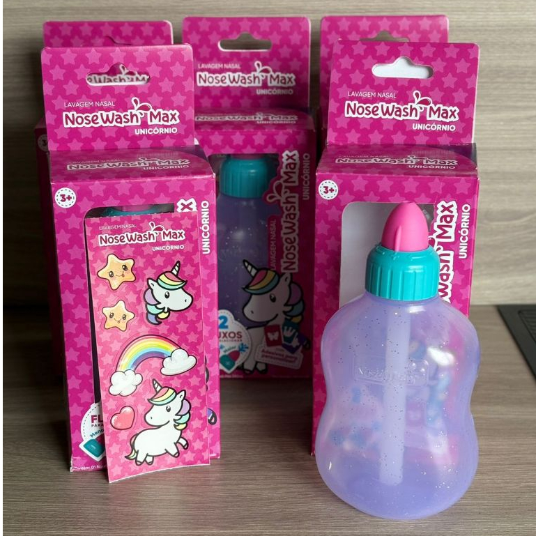 Kit c/ 5und  Lavadores Nasal Max 240ml Unicórnio com Controle de Fluxo e Bico Supersoft – NoseWash