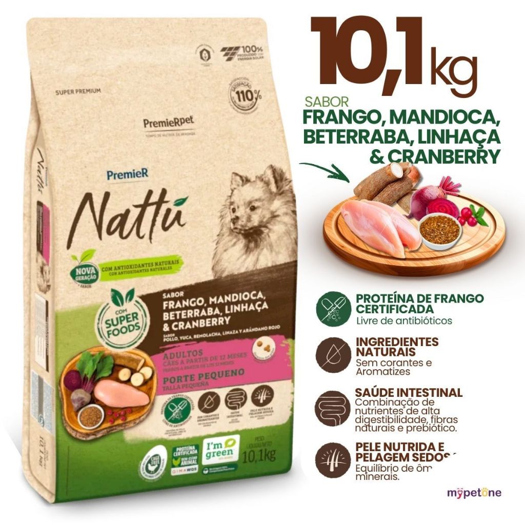 Ração PremieR Nattú 10,1kg Cães Adultos de Pequeno Porte Sabor Mandioca