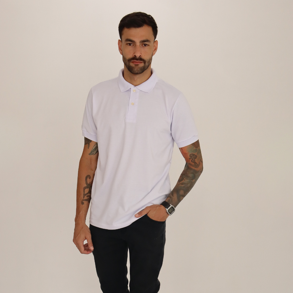Camisa Gola Polo Masculina Pique com Elastano Lisa Premium - Trabalho - Lazer - Casual / BRANCO