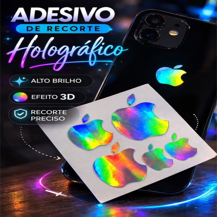 ADESIVO MAÇA APPLE HOLOGRAFICO KIT COM 4 TAMANHOS DIFERENTE