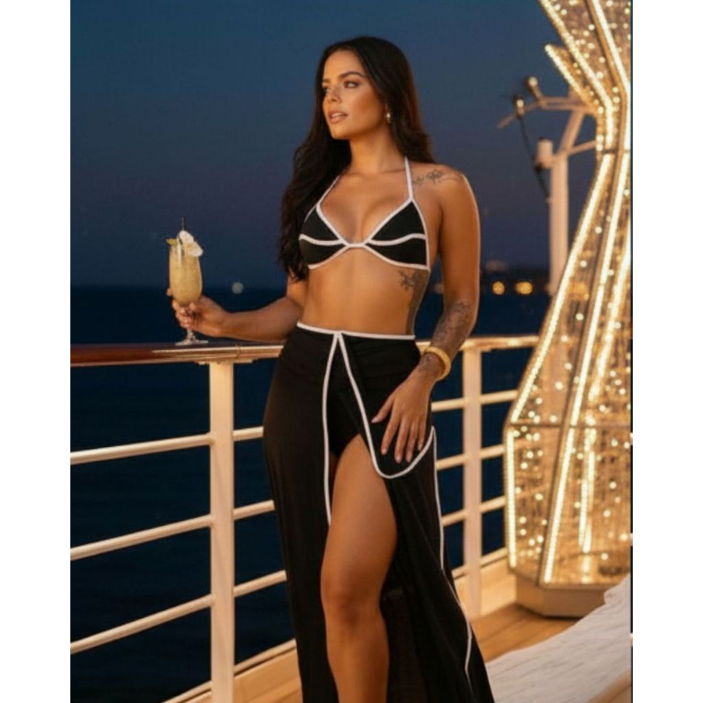 Conjunto de Praia Essenza 3 Peças Saia Longa Calcinha Amarração Top Triângulo Bojo Removível Bicolor