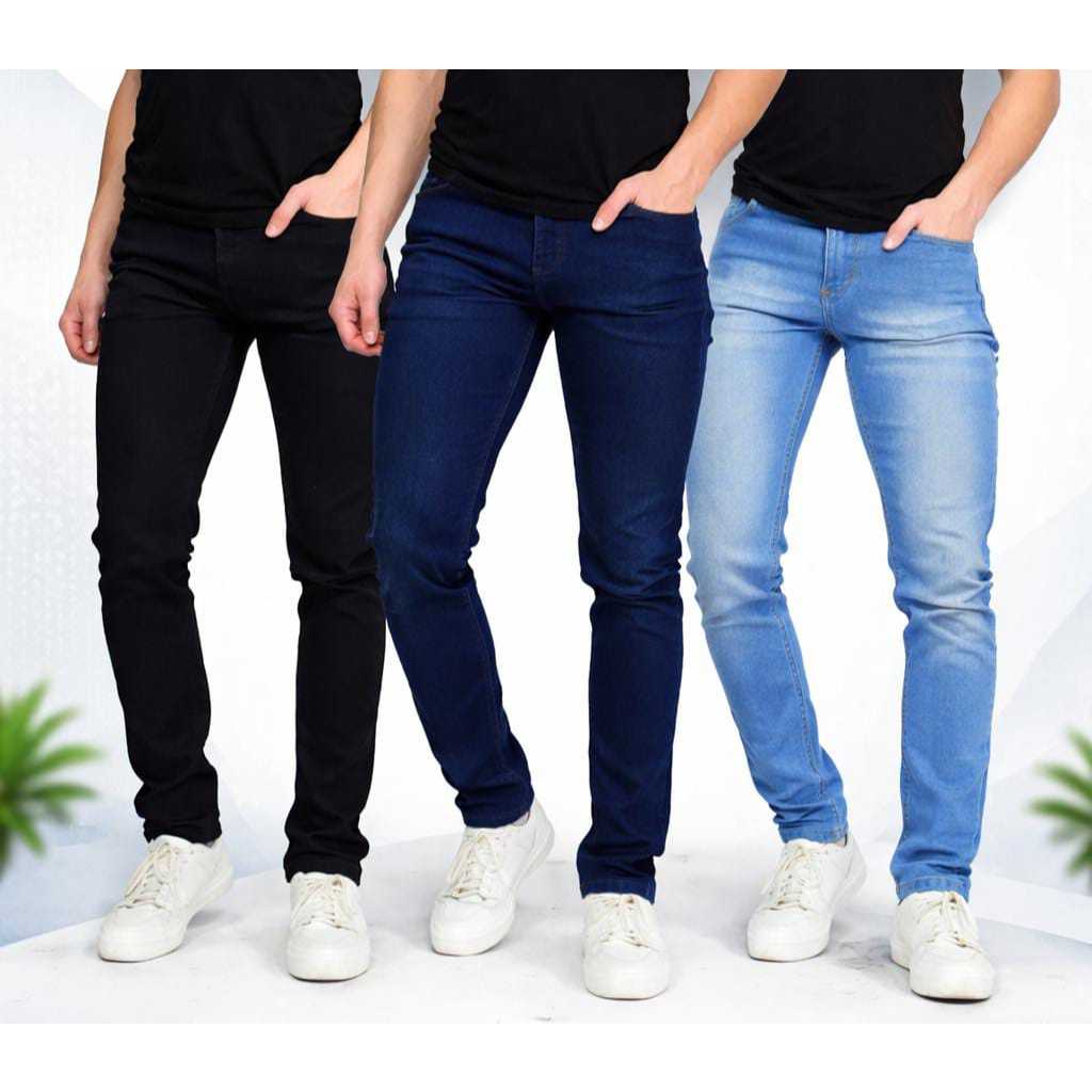 Kit Calça Jeans Masculina Slim Elastano Azul Claro Azul Escuro Preta Confortável