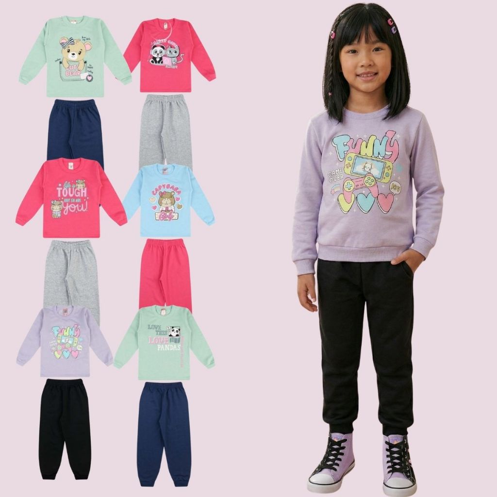 Kit 2 Conjuntos Moletom Menina Feminino Infantil Bebê Inverno Roupa Quentinho Algodao Calça + Casaco