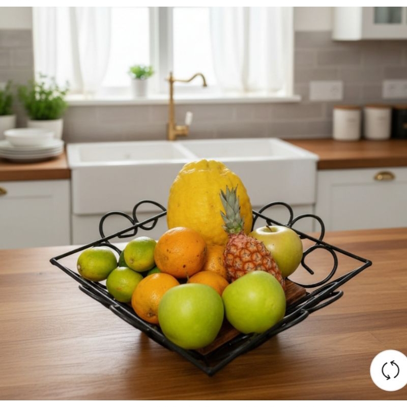 Fruteira Rústica de Mesa em Ferro e Madeira | Cesto de Pães Decorativo Artesanal | Centro de Mesa Vintage