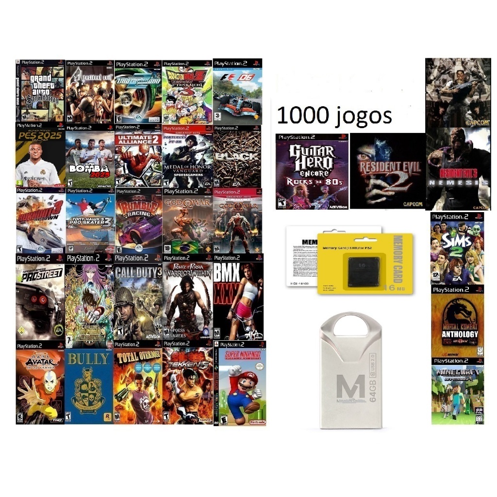 Memory Card com Opl/Ps2 + Pen Drive 64gb com 1000 Jogos playstation 2/Ps1/Super Nintendo
