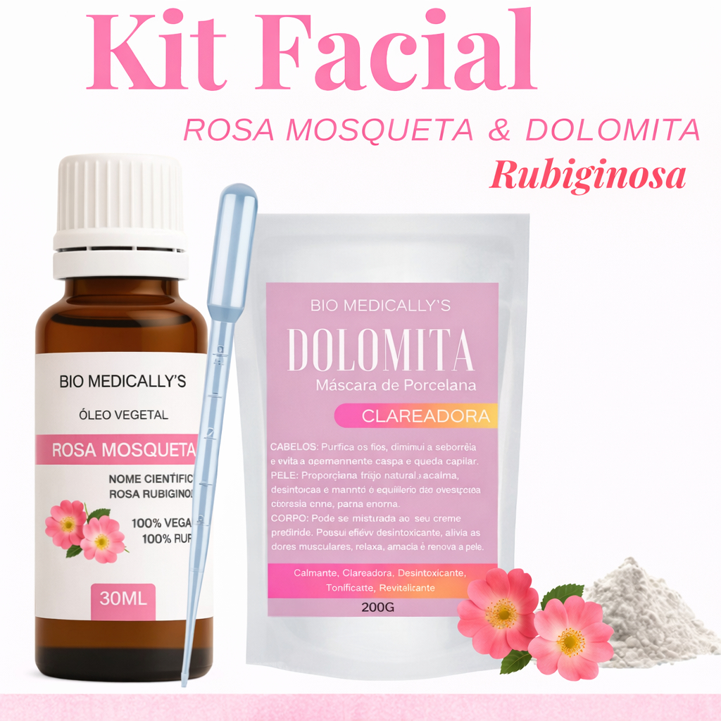 Kit Skin Care Óleo Vegetal Rosa Mosqueta Rubiginosa 30ml + Dolomita Clareadora 200g +Pipeta (3PEÇAS) em Oferta na Shopee