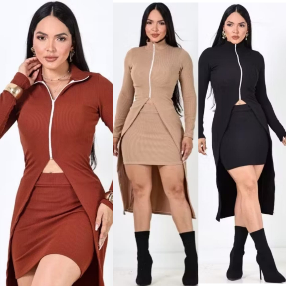 Conjunto Cardigan longo con ziper em Oferta na Shopee