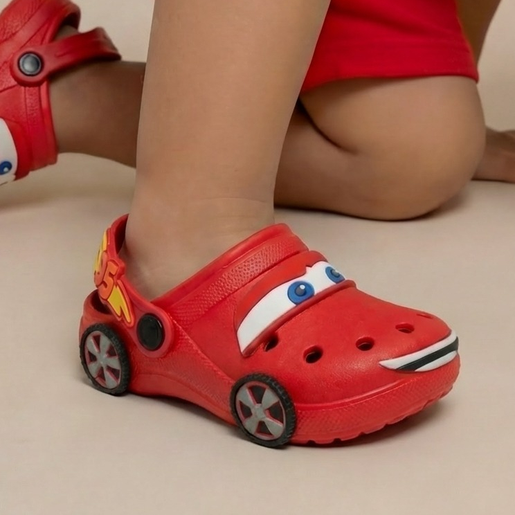 Sandália Papete Infantil Menino Carros Vermelho Rodinha Divertido Leve e Confortável