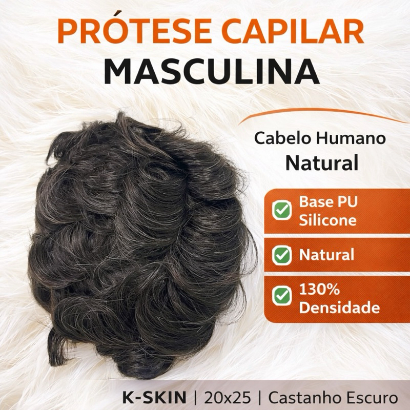 Prótese Capilar Masculina Cabelo Humano Natural K-Skin 20x25 Base PU Silicone 130% Costurada ou Injetada