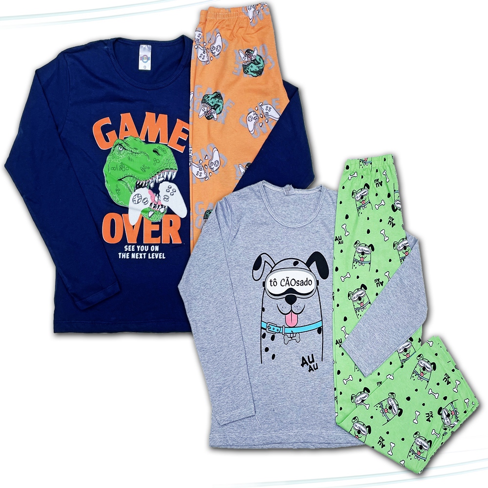 Pijama Juvenil Menino Inverno Kit 2 Conjuntos Manga Longa Malha Algodão Tamanhos 10 12 14