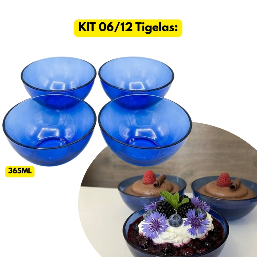 Jogo Kit 06/12 Tigelas Bowl Vidro Azul Saladeira Sobremesa Sorvete Doce Blue Tigelinha Cumbuca Redonda