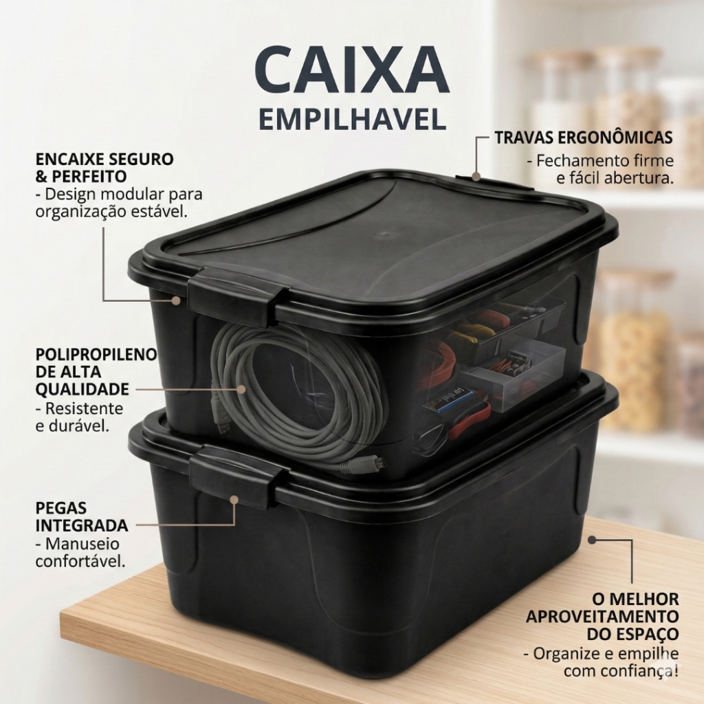 Kit 2 Caixa Organizadora 15 Litros Grande Empilhável C/Travas na Tampa Multiuso em Oferta na Shopee