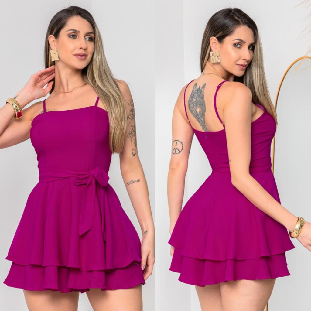 Macaquinho vestido bailarina soltinho Tecido Sarja Alça ajustável laço removível Moda Elegante